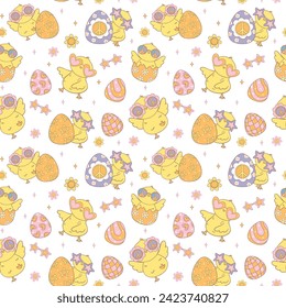 Festive Groovy Easter Pattern Seamless retro Chick collection in Playful animal doodle drawing isolated on white background.