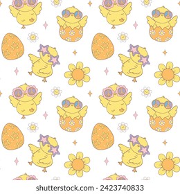 Patrón festivo Groovy de Pascua Colección de Chick retro sin costura en el dibujo de doodle de animales Playful aislado en fondo blanco.