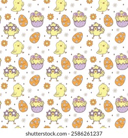 Festive Groovy Easter Pattern Seamless retro Chick collection in Playful animal doodle drawing isolated on white background.