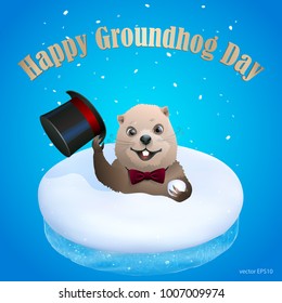 Festive groundhog look out from snowdrift and greets by taking off his hat. Cartoon woodchuck sits in the 3d realistic piece of snow with a cut of ice. Vector blue greeting card Happy Groundhog Day.