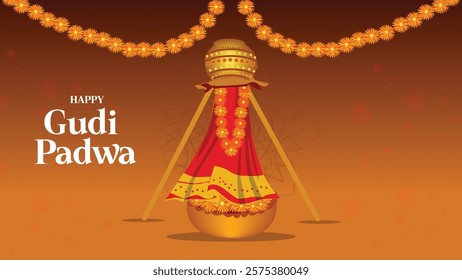 Festive Gudi Padwa celebration with a decorated Gudi (traditional pole) adorned with bright colors, garlands, and an earthen pot, alongside the text 'Happy Gudi Padwa'