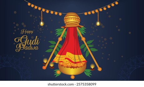 Festive Gudi Padwa celebration with a traditional Gudi adorned with a red cloth and mango leaves, hanging lights, and 'Happy Gudi Padwa' text in elegant gold