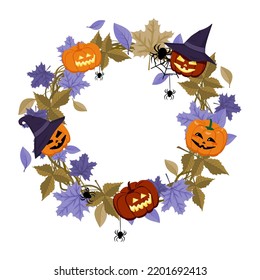 Festive Halloween autumn round frame with pumpkin heads in pointed hat, maple leaves and spiders. Vegetable lantern with glowing eyes and smile mouth on wreath. Vector flat illustration