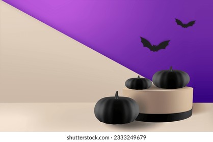 
Festive Halloween background decorated with black pumpkins,the bats and podium.Minimal realistic 3d design stage pedestal.
