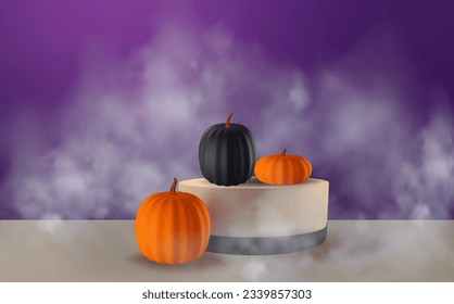 
Festive Halloween background decorated with black pumpkins with podium and fog.Minimal realistic 3d design stage pedestal.
