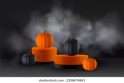 
Festive Halloween background decorated with colorful pumpkins,fog and  with podium.Minimal realistic 3d design stage pedestal.
