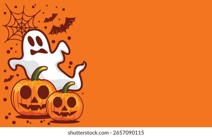 Festivo fundo de Halloween com um fantasma bonito e abóboras com amplo espaço de cópia para o seu texto. Ideal para convites, cartões de felicitações, banners ou postagens de mídias sociais.