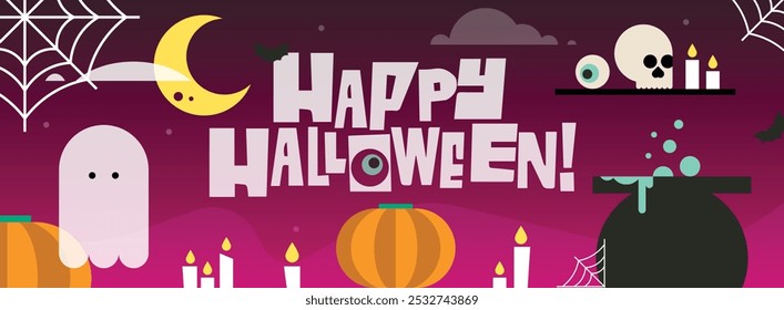 Banner de Halloween festivo apresenta um fantasma assustador, uma lua crescente, morcegos, abóboras, crânio e velas. O texto de "Feliz Halloween!" está rodeado por teias, um caldeirão borbulhante e olhos estranhos