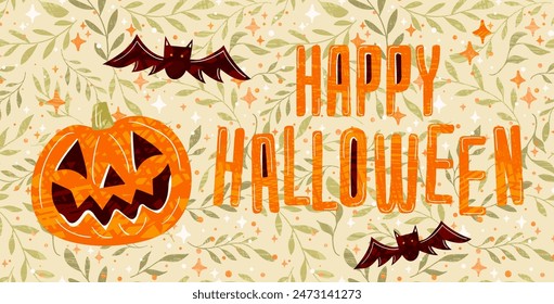 A festive Halloween banner featuring a carved pumpkin, text Happy Halloween in orange, and stylized bats on a sophisticated floral background. An artistic detailed vector presented in pastel hues.