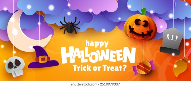Festive Halloween banner with pumpkins, witches' hats, and clouds. Vector Illustration.
