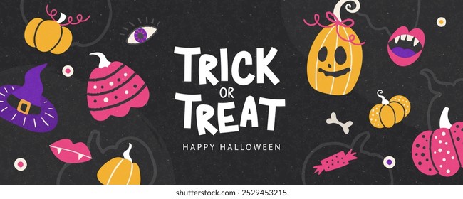 Banner de Halloween festivo com várias abóboras fofas, boca de vampiro com presas, olho, chapéu de bruxa, doces e muito mais. Ilustração de vetor plano. Modelo de feriado moderno para capa, cartão, banner, mídia social d