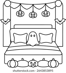 Festive Halloween Bedroom Illustration with Hanging Pumpkins, Friendly Ghost, Decorative Bats, and Grounded Pumpkins for a Spooky yet Cozy Atmosphere on Halloween Night