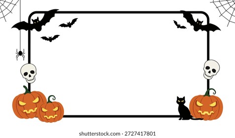 Eine festliche Halloween-Grenze mit geschnitzten Kürbissen, silhouettierten Fledermäusen, baumelnden Spinnen und grinsenden Schädeln, mit einer schwarzen Katze.