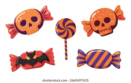 Festive Halloween candy assortment featuring skull-shaped treats, bat, and lollipop.