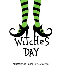 Festive halloween card with legs in striped stockings. witches day