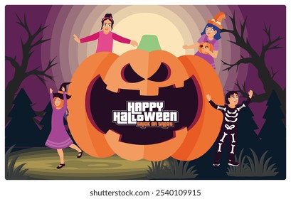 Festive Halloween children's party. Boys and girls wear scary costumes. Halloween Party concept. Flat vector illustration.