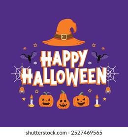 Festive Halloween decoration with big hats, bats and pumpkins on a dark background