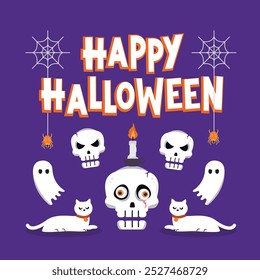 Festive Halloween decorations with skulls, cats and ghosts in white, perfect for celebrations and event invitations.