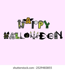 A festive Halloween design features the words "Happy Halloween" in colorful letters, adorned with spooky elements like bats, candles, and pumpkins, against a soft pink background.