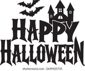 A festive Halloween design featuring bold, stylized typography with a spooky silhouette, perfect for seasonal decorations and celebrations.