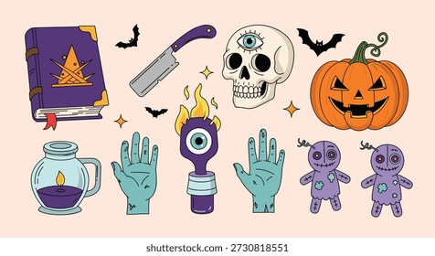 Festive Halloween elements including a spellbook, cleaver, skull with a third eye, pumpkin, voodoo dolls, severed hands, and bats.