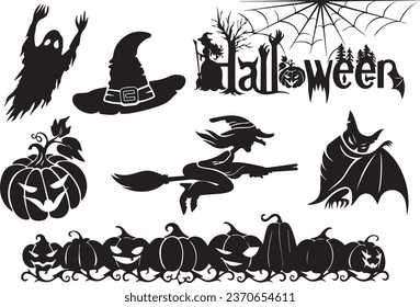 festive halloween elements set, ghost, witch, hat, bat, pumpkin, happy Halloween, terror, spooky, fear, suspense