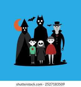 A festive Halloween family celebration vector artwork featuring spooky costumes, decorations, and a joyful atmosphere, perfect for holiday designs, invitations, and seasonal promotions.