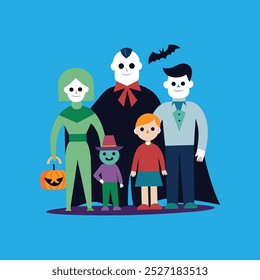 Una obra de arte de Vector de celebración familiar de Halloween festiva con disfraces espeluznantes, decoraciones y un ambiente alegre, perfecto para diseños de vacaciones, invitaciones y promociones de temporada.