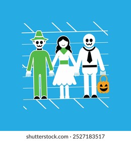 A festive Halloween family celebration vector artwork featuring spooky costumes, decorations, and a joyful atmosphere, perfect for holiday designs, invitations, and seasonal promotions.