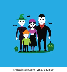 A festive Halloween family celebration vector artwork featuring spooky costumes, decorations, and a joyful atmosphere, perfect for holiday designs, invitations, and seasonal promotions.