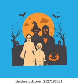 A festive Halloween family celebration vector artwork featuring spooky costumes, decorations, and a joyful atmosphere, perfect for holiday designs, invitations, and seasonal promotions.