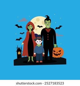 A festive Halloween family celebration vector artwork featuring spooky costumes, decorations, and a joyful atmosphere, perfect for holiday designs, invitations, and seasonal promotions.