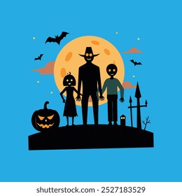 A festive Halloween family celebration vector artwork featuring spooky costumes, decorations, and a joyful atmosphere, perfect for holiday designs, invitations, and seasonal promotions.