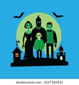 Una obra de arte de Vector de celebración familiar de Halloween festiva con disfraces espeluznantes, decoraciones y un ambiente alegre, perfecto para diseños de vacaciones, invitaciones y promociones de temporada.