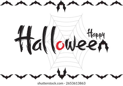 A festive Halloween graphic featuring bold brush-stroke lettering for "Happy Halloween," a stylized spiderweb, and decorative bats with red eyes along the top and bottom borders.