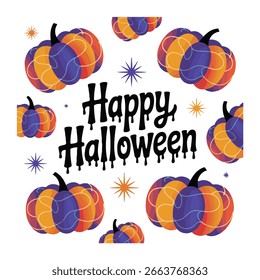 A festive Halloween graphic featuring the text Happy Halloween surrounded by colorful pumpkins and star shapes on a white background.
