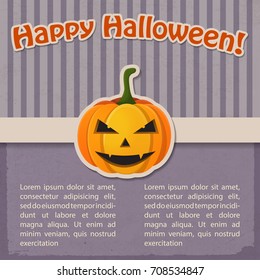 Festive Halloween Holiday vintage template with inscription and paper evil pumpkin on purple striped background vector illustration