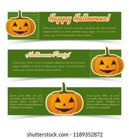 Festive Halloween horizontal banners with text and smiling pumpkins paper stickers on green background vector illustration