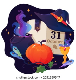 Festive Halloween Illustration for 31st October, magical halloween Set of witch, wizard stuff. Sticker, postcard, banner, party invitation card