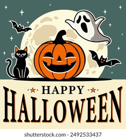 Festliche Halloween-Illustration mit einer Jack-o'-Laterne, schwarzer Katze, Geist und Fledermäusen vor Vollmond-Hintergrund. Perfekt für Grußkarten, Poster, festliche Dekorationen und Halloween-Designs.