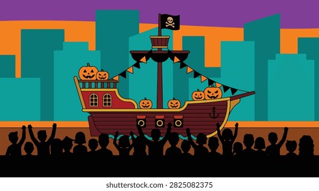 Festive halloween parade float resembling pirate ship decorated with carved pumpkins moving through city street
