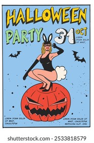 A festive Halloween party invitation showcasing a woman in a bunny costume perched on a pumpkin with bats in a colorful design,vector illustration