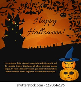 Festive Halloween Party poster with haunted house scary pumpkins and tree twigs on sunset background vector illustration