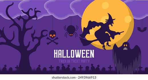 Festive Halloween party poster. Vector illustration. Full moon, , Place for text. Brochure background