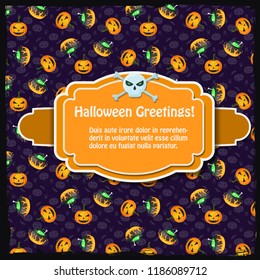 Festive Halloween party template with text in frame on witch cauldrons and evil pumpkins background vector illustration