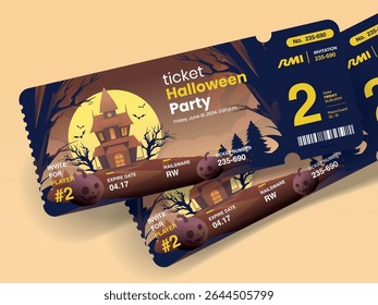 Festive Halloween party tickets. Invitation flyer or poster for all saints in spooky cartoon style. Vector illustration of all saints day club event entrance tickets.