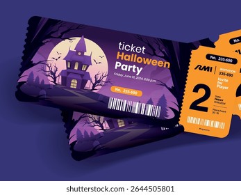 Festive Halloween party tickets. Invitation flyer or poster for all saints in spooky cartoon style. Vector illustration of all saints day club event entrance tickets.