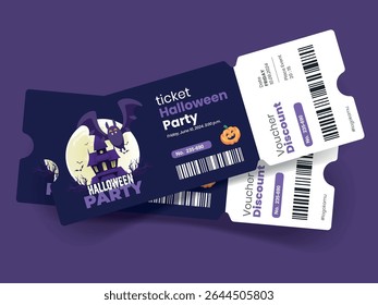 Festive Halloween party tickets. Invitation flyer or poster for all saints in spooky cartoon style. Vector illustration of all saints day club event entrance tickets.