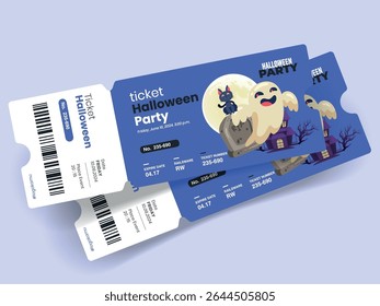 Festive Halloween party tickets. Invitation flyer or poster for all saints in spooky cartoon style. Vector illustration of all saints day club event entrance tickets.