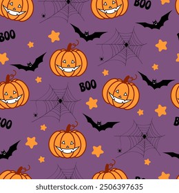 Festive Halloween pattern with bright design. Funny pumpkins, bats, cobwebs, inscription boo. On a purple background